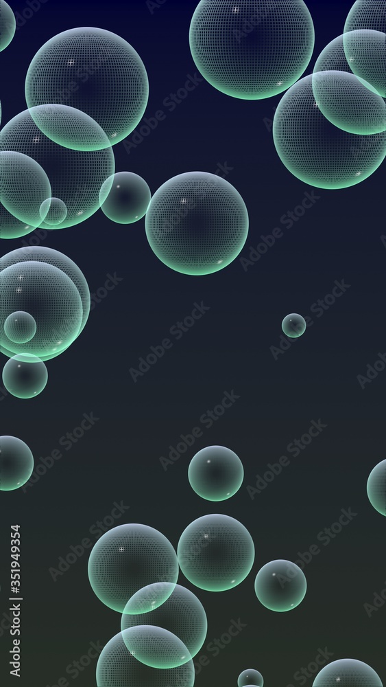 Dark background green mesh bubbles. Wallpaper, texture with bubble. 3D illustration