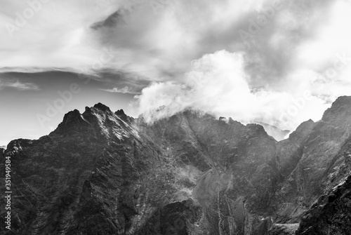 Black and white view of Rysy mountain from Kazalnica peak, Tatras, Poland