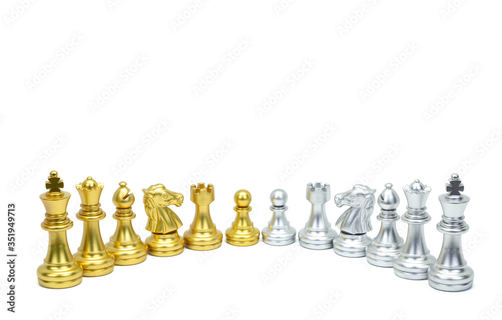 Golden and silver chess piece stand in a row isolated on white background. Clipping path Golden and silver chess piece stand in a row isolated on white background. Clipping path