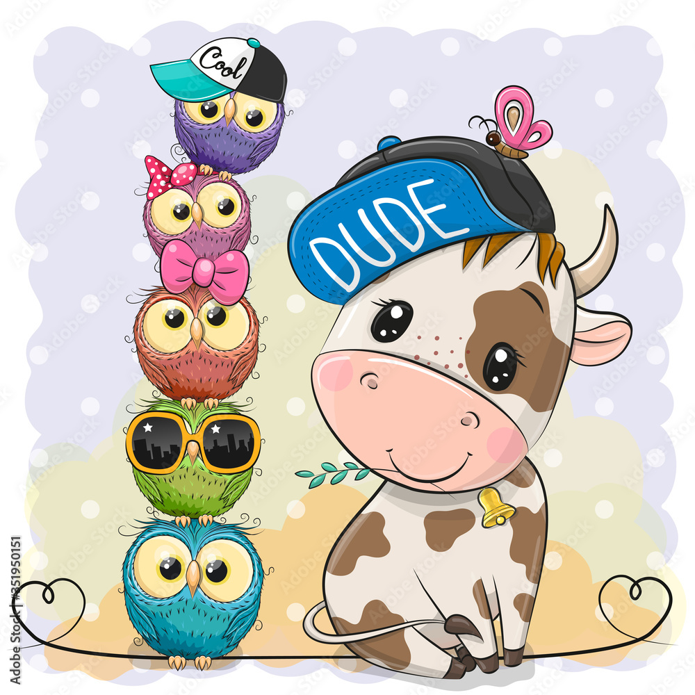 Obraz premium Little Bull and owls on a blue background
