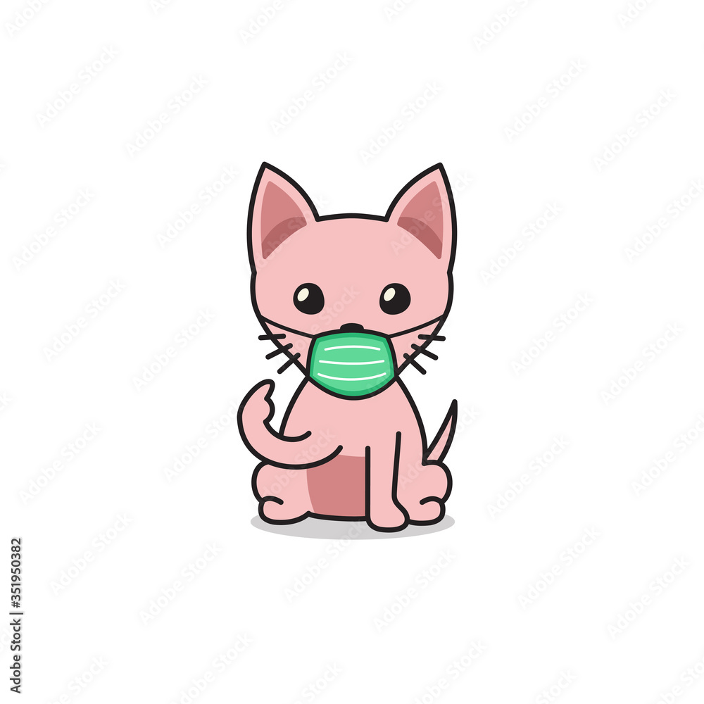 Cartoon character sphynx cat wearing protective face mask for design. Cartoon character sphynx cat wearing protective face mask for design.