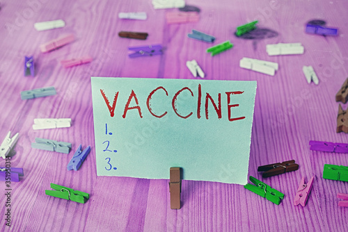 Writing note showing Vaccine. Business concept for preparation of killed microorganisms or living attenuated organisms photo