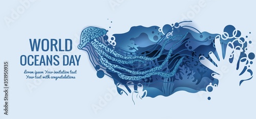 Text - world ocean day. Jellyfish. template for making a postcard. vector image for laser cutting and plotter printing. fauna with marine animals