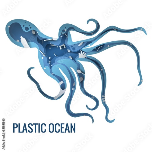 Text - plastic ocean. Plastic trash planet pollution concept vector illustration. Octopus, cuttlefish marine outline filled with plastic waste 3d icon. 3D laser cutting