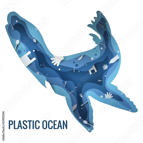 Text - plastic ocean. Plastic trash planet pollution concept vector illustration. Fur seal, sea lion, sea leopard marine mammal outline filled with plastic waste 3d icon. 3D laser cutting.