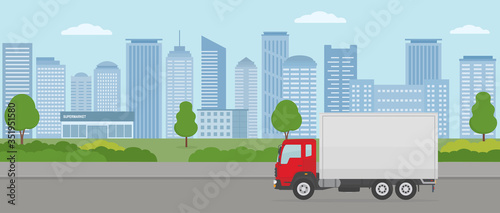 Truck on modern city background . Transport services and freight of goods concepts. Flat style vector illustration. 
