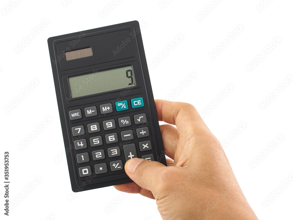 businessman finger press calculator button to calculating isolated on white businessman finger press calculator button to calculating isolated on white