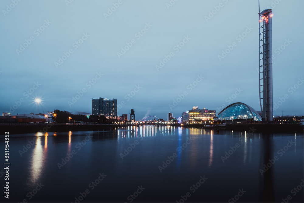 Night view of the river Clyde and Clyde Arc, Glasgow, Scotland Night view of the river Clyde and Clyde Arc, Glasgow, Scotland