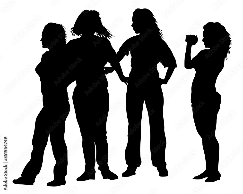 Young women on vacation. Isolated silhouettes on a white background