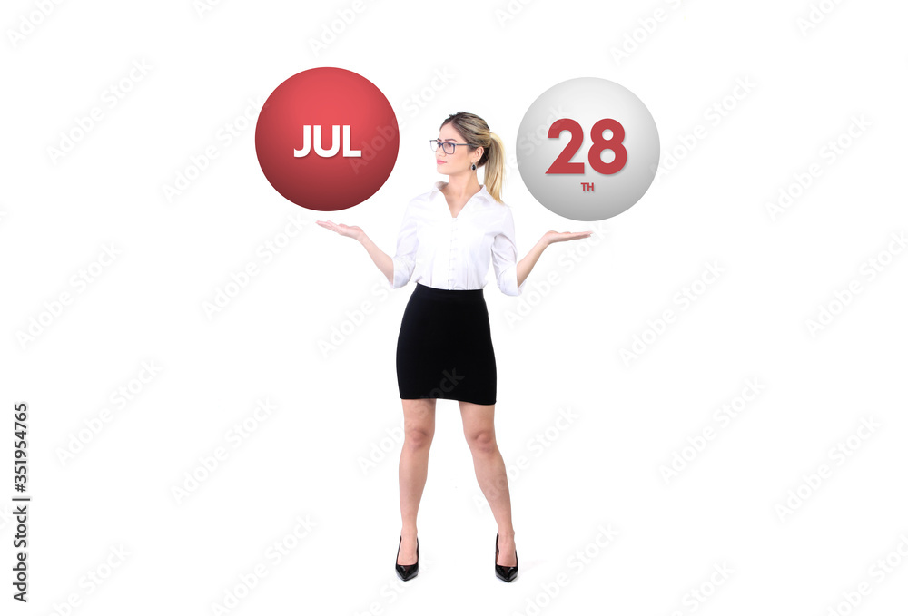 July 28th calendar background. Day 28 of jul month. Business woman holding 3d spheres. Modern concept. July 28th calendar background. Day 28 of jul month. Business woman holding 3d spheres. Modern concept.