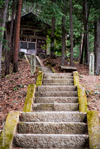 Takayama, Japan wooden temple shinto shrine point of view from steps stairs in Hida no Sato old folk village in Gifu prefecture