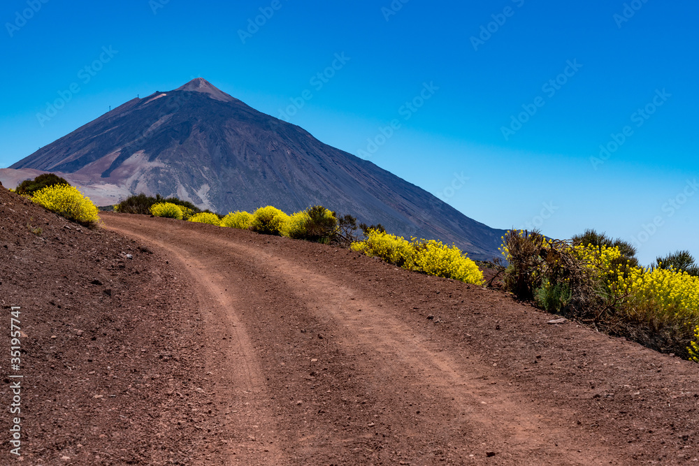 Landstraße mit Blick auf den Gipfel des Teide-Vulkans