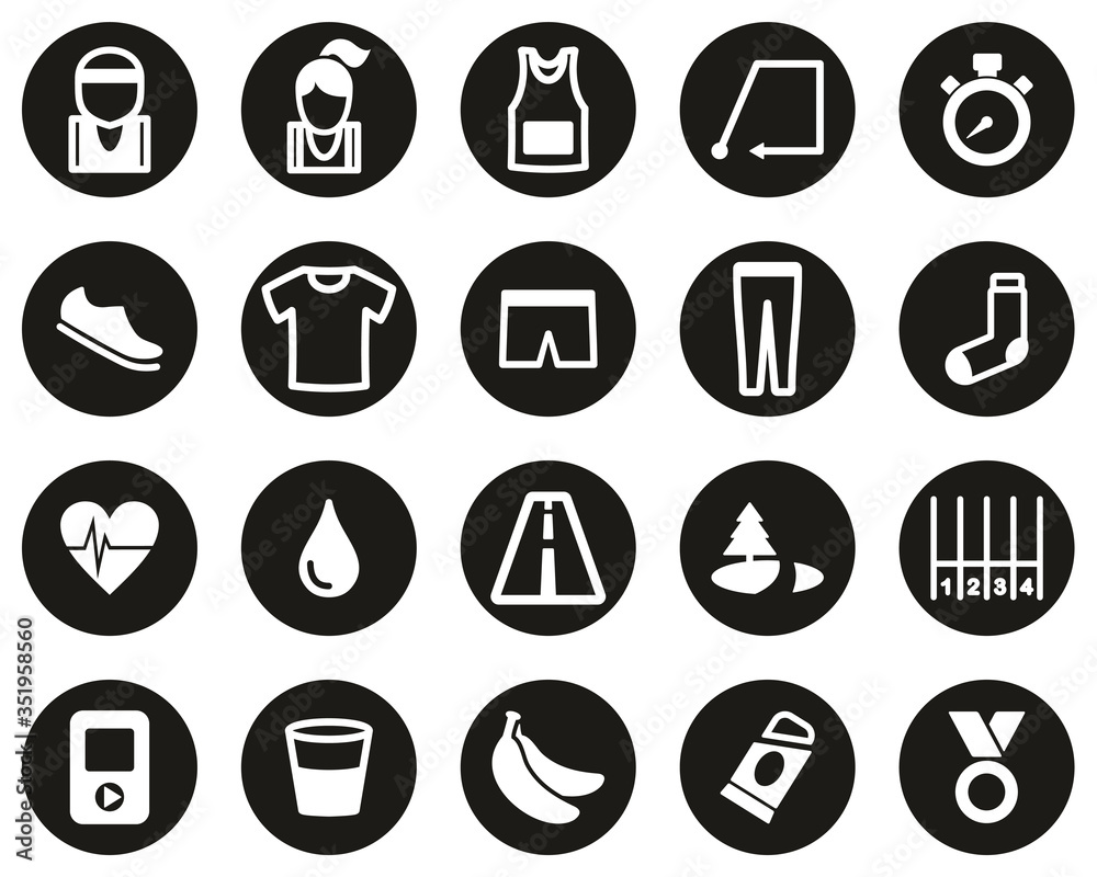 Running Or Jogging Icons White On Black Flat Design Circle Set Big Running Or Jogging Icons White On Black Flat Design Circle Set Big