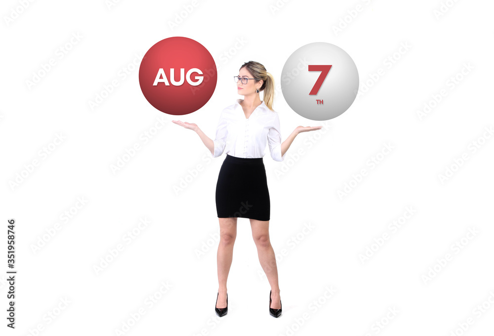 August 7th calendar background. Day 7 of aug month. Business woman holding 3d spheres. Modern concept. August 7th calendar background. Day 7 of aug month. Business woman holding 3d spheres. Modern concept.