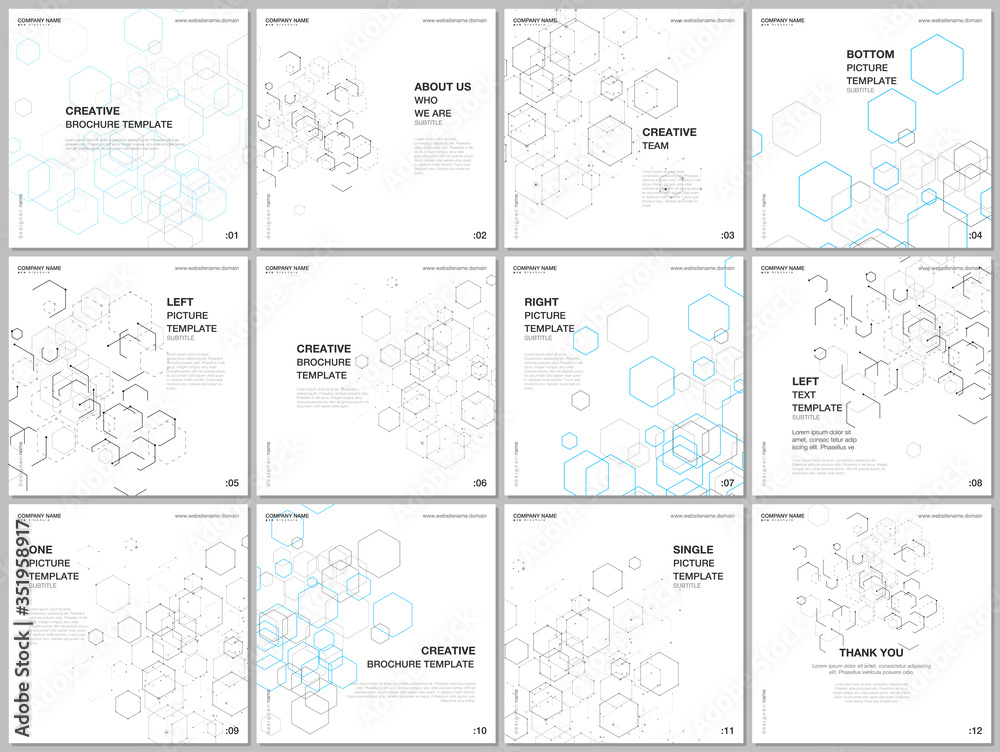 Brochure layout of square format covers design templates for square flyer leaflet, brochure design, presentation. Hexagonal molecule structure for medical, technology, chemistry, science concepts. Brochure layout of square format covers design templates for square flyer leaflet, brochure design, presentation. Hexagonal molecule structure for medical, technology, chemistry, science concepts.