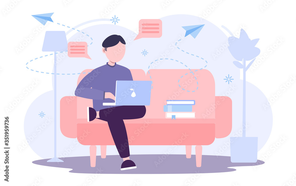 Workplace, laptop screen, person talking by internet sitting on the sofa at home. Stream, web chatting, online meeting friends. Talking with colleagues online. Vector flat style illustration.