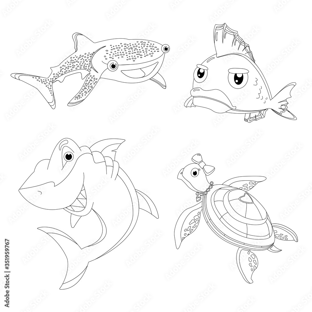 Fototapeta premium Sea animals and fish coloring book for children contour