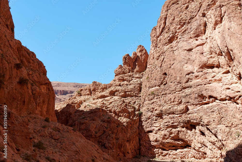 Todra Gorge, a canyon in the High Atlas Mountains in Morocco, near the town of Tinerhir. One of the most spectacular canyons in the world, In some places the walls of the ravine reach a height of 400m