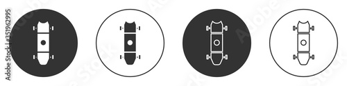 Black Longboard or skateboard cruiser icon isolated on white background. Extreme sport. Sport equipment. Circle button. Vector
