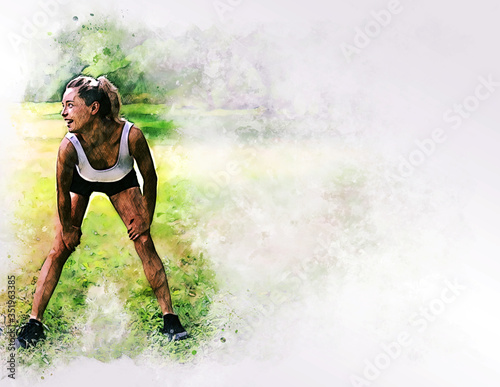 Abstract colorful happiness portrait young woman exercise yoga in morning at garden park on watercolor illustration painting background.