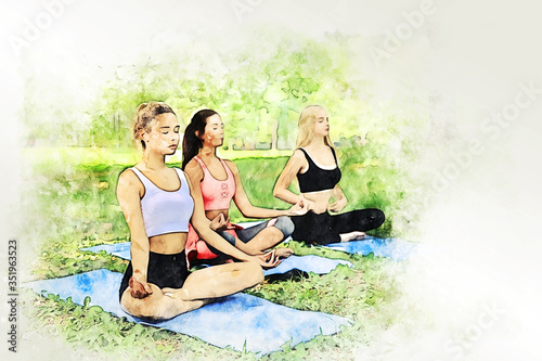 Abstract colorful happiness portrait young woman exercise yoga in morning at garden park on watercolor illustration painting background.
