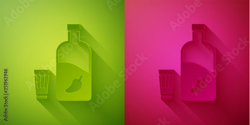 Paper cut Vodka with pepper and glass icon isolated on green and pink background. Ukrainian national alcohol. Paper art style. Vector