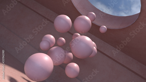 3d render. Empty pink room with top sunlight and pink spheres in center.