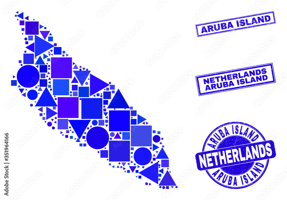 Vector mosaic Aruba Island map. Geographic collage in blue color shades, and unclean round and rectangle stamps. Abstract mosaic of Aruba Island map organized of round, triangles,
