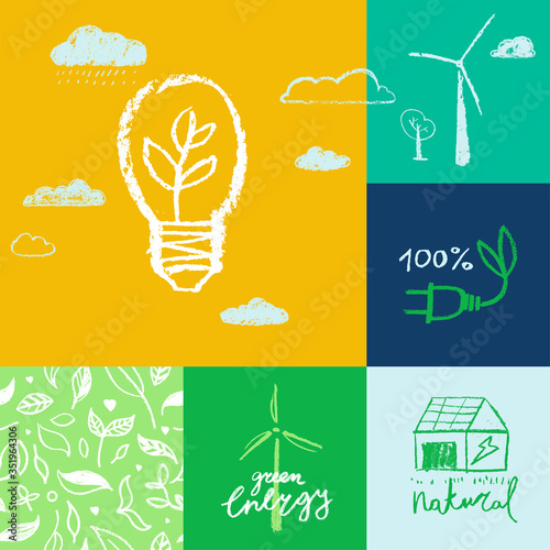 Green energy symbols in doodle style on herbs pattern background. Vector ink illustration of wind turbine and solar power farm. Renewable energy concept. Alternative energy logo set. Global warming.