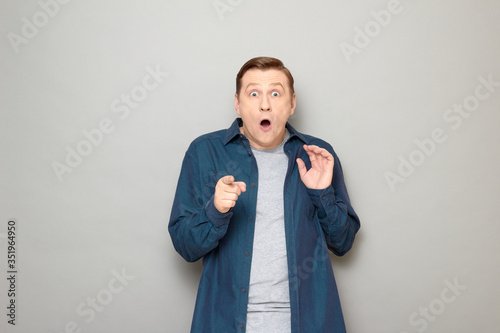 Portrait of shocked frightened man pointing at something awful photo