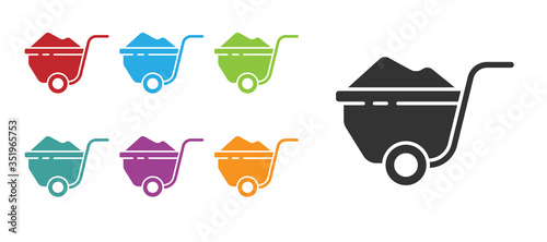 Black Wheelbarrow with dirt icon isolated on white background. Tool equipment. Agriculture cart wheel farm. Set icons colorful. Vector