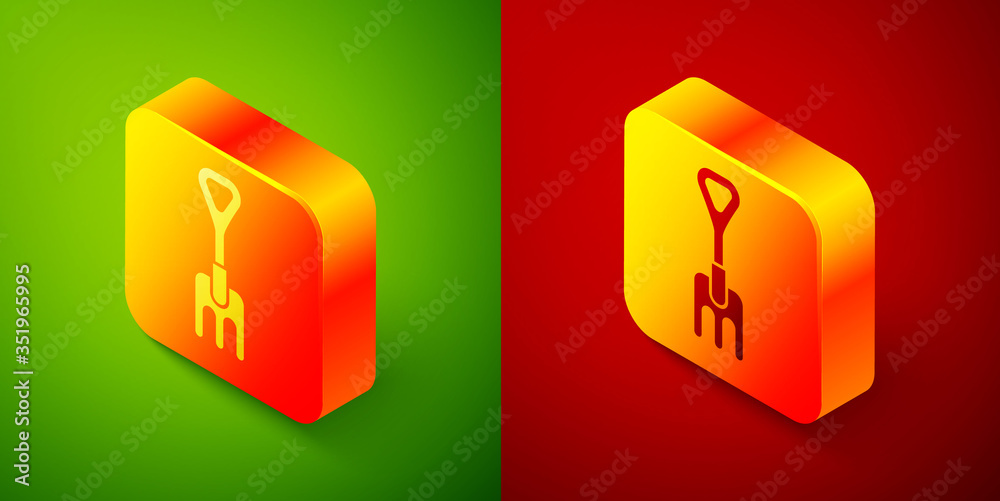 Isometric Garden rake icon isolated on green and red background. Tool for horticulture, agriculture, farming. Ground cultivator. Square button. Vector Isometric Garden rake icon isolated on green and red background. Tool for horticulture, agriculture, farming. Ground cultivator. Square button. Vector