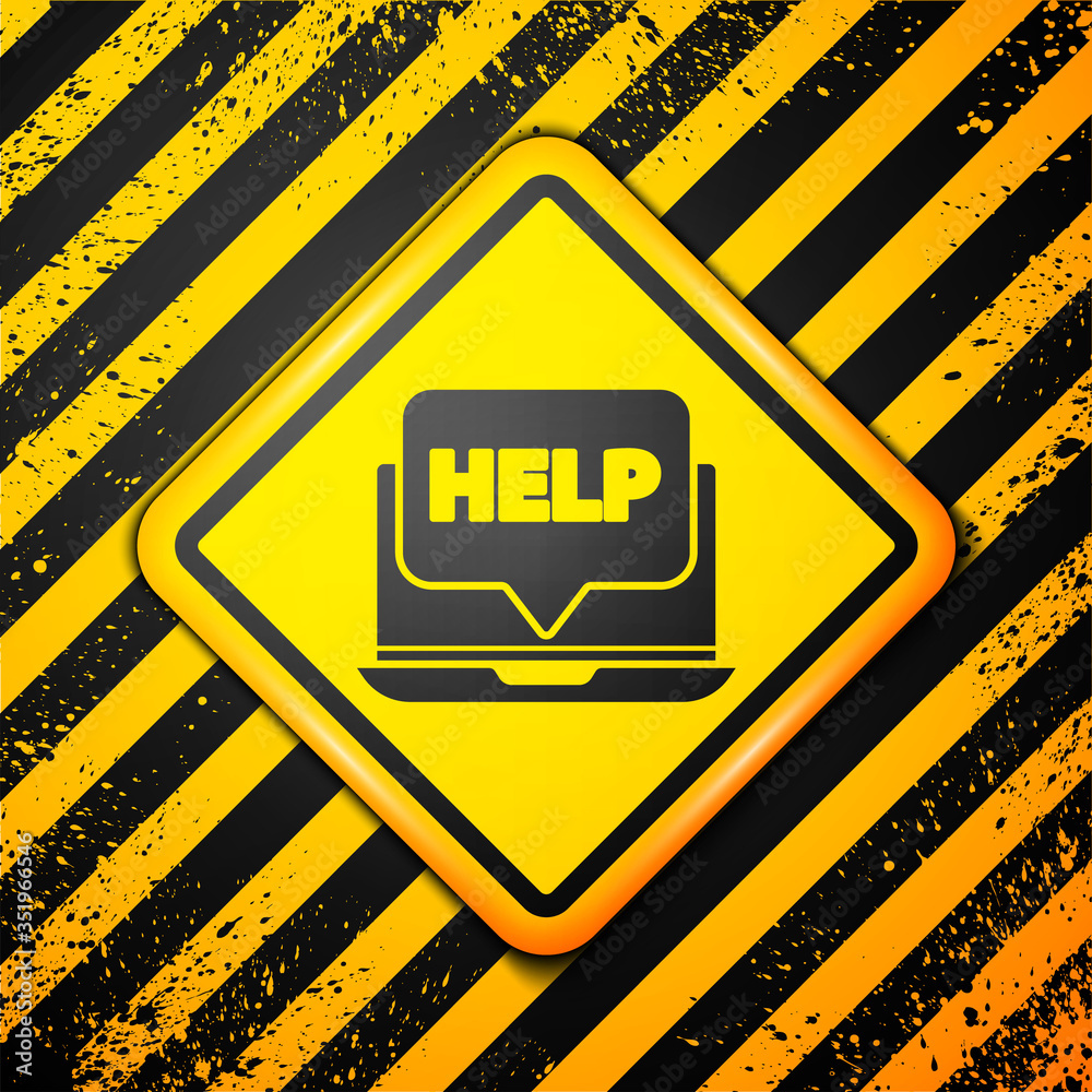Black Laptop and help icon isolated on yellow background. Adjusting, service, setting, maintenance, repair, fixing. Warning sign. Vector Black Laptop and help icon isolated on yellow background. Adjusting, service, setting, maintenance, repair, fixing. Warning sign. Vector