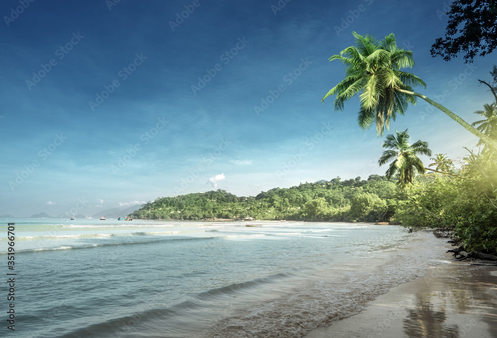 beach in sunset time, Mahe island, Seychelles beach in sunset time, Mahe island, Seychelles