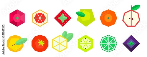 Fruits and berries in geometric style. Vector illustration. Polygonal fruits. Raspberry grapefruit strawberry Apple orange pear tomato lemon kiwi lime blueberry BlackBerry. Collection of fruits