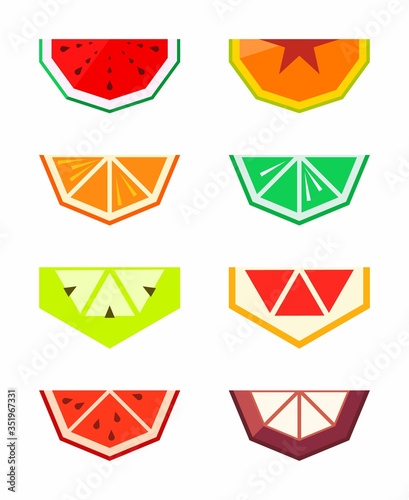 Fruits berries in geometric style. Vector illustration. Polygonal fruits. Raspberry grapefruit strawberry Apple orange pear tomato lemon kiwi lime blueberry BlackBerry watermelon. Collection of fruits