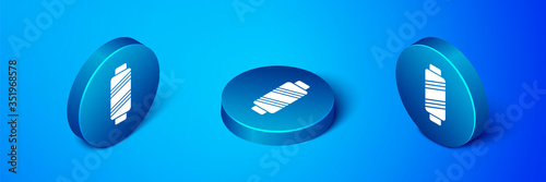 Isometric Sewing thread on spool icon isolated on blue background. Yarn spool. Thread bobbin. Blue circle button. Vector
