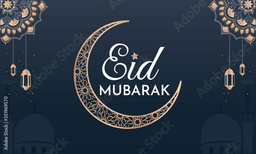 Eid Mubarak Luxury vector illustration premium banner background. Golden mandala with awesome gradient moon and star design with white calligraphy. Islamic light with mosque and minaret. photo