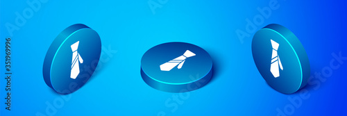 Isometric Tie icon isolated on blue background. Necktie and neckcloth symbol. Blue circle button. Vector