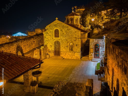 Orthodox Church of St. Petka (Crkva Svete Petke) at the Kalemegdan Fortress or Belgrade fortress at night illuminated with lighting, Belgrade, Serbia.