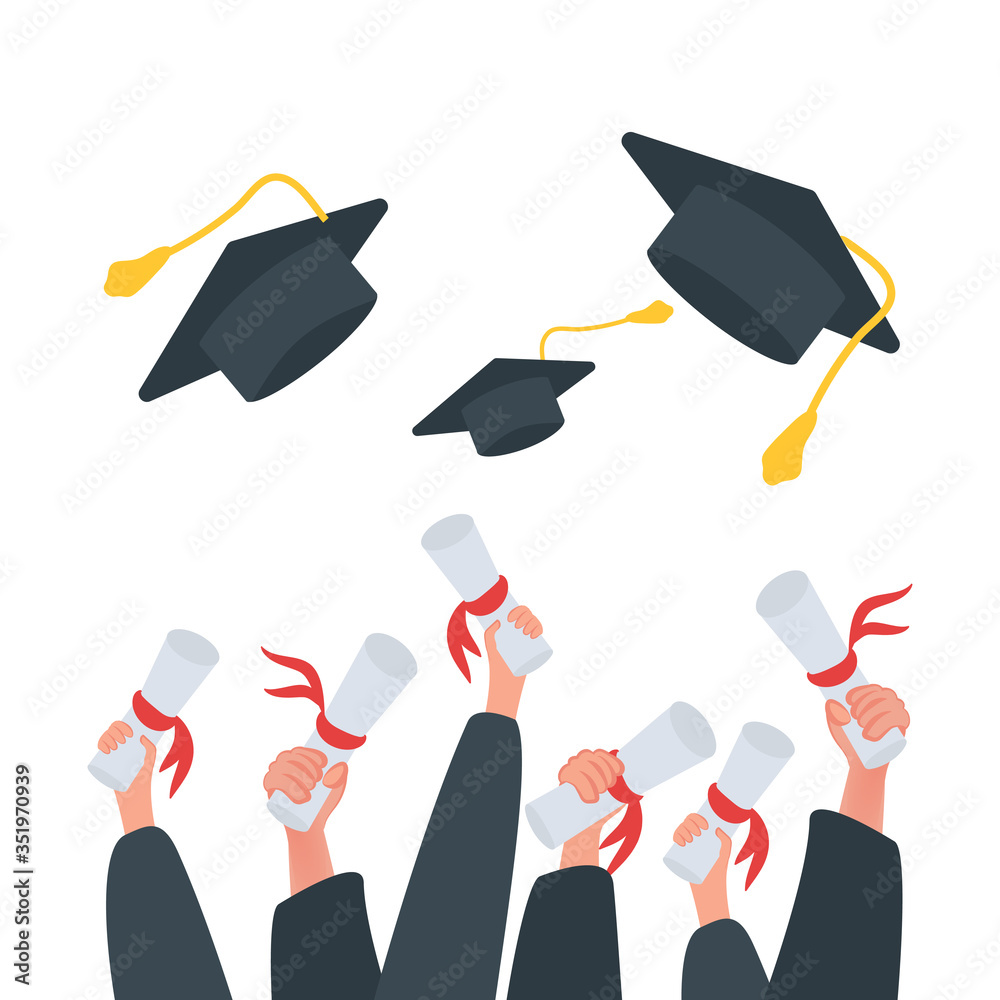 Cartoon banner graduates throw their caps and diplomas. The end of ...