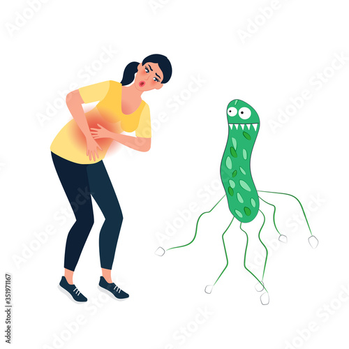Cartoon bacterium Helicobacter laughs at a girl with a sick stomach. 
Gastritis, ulcers, heartburn, belching. Vector illustration 
of space sickness