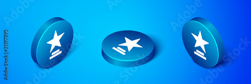 Isometric Movie trophy icon isolated on blue background. Academy award icon. Films and cinema symbol. Blue circle button. Vector