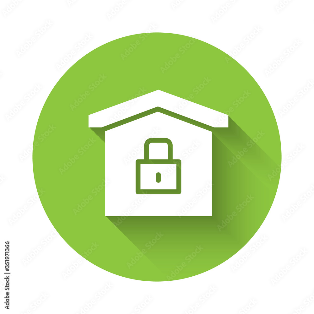 White House under protection icon isolated with long shadow. Home and lock. Protection, safety, security, protect, defense concept. Green circle button. Vector White House under protection icon isolated with long shadow. Home and lock. Protection, safety, security, protect, defense concept. Green circle button. Vector