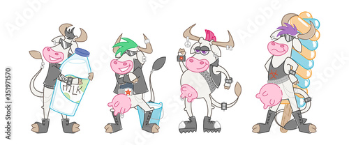 Set of happy cartoon metal music smiling cows and bulls