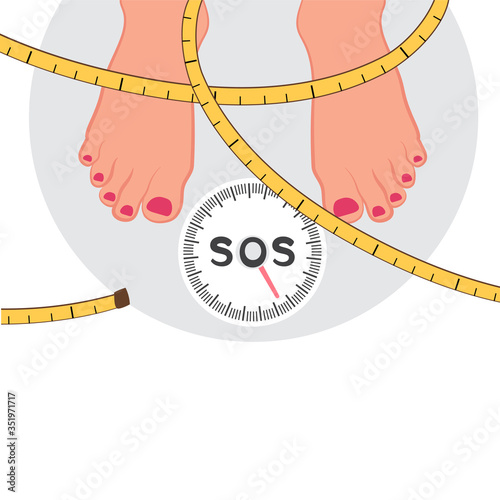 Weighing the body weight on the scales , monitoring the weight of a person. The problem of human obesity in modern society. Vector illustration of healthcare