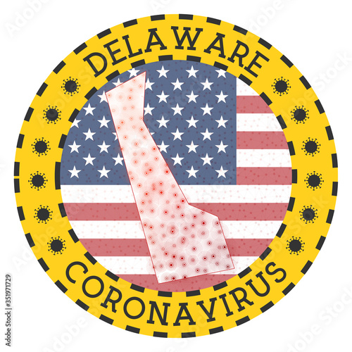 Coronavirus in Delaware sign. Round badge with shape of Delaware. Yellow US state lockdown emblem with title and virus signs. Vector illustration.