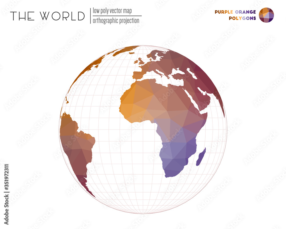 Low poly world map. Orthographic projection of the world. Purple and orange colored polygons. Amazing vector illustration. Low poly world map. Orthographic projection of the world. Purple and orange colored polygons. Amazing vector illustration.