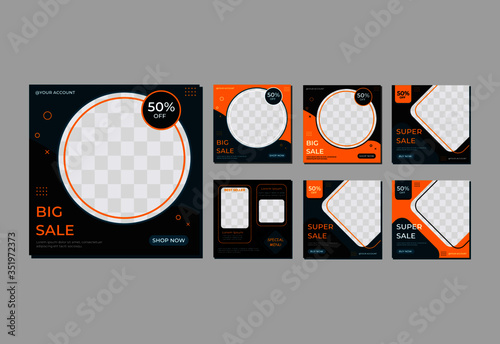 Set of Editable square banner template. Orange, black and green background color with a dark frame shape. Suitable for social media posts and advertisements, Food, Fashion, and many more