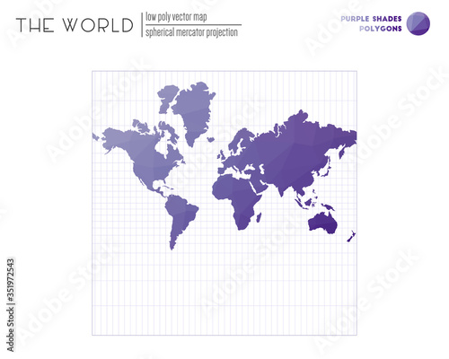 Abstract world map. Spherical Mercator projection of the world. Purple shades colored polygons. Stylish vector illustration.